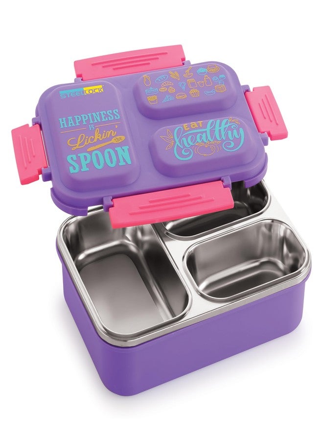 STEELLOCK SmartMeal 3 Partition Stainless Steel Insulated Tiffin for Kids & Adults with Spoon | Leak-Proof Lunch Box with Silicone Gasket Lid | Bento Box for School, Boys, Girls & Office 600 ML - Purple. - Image 2
